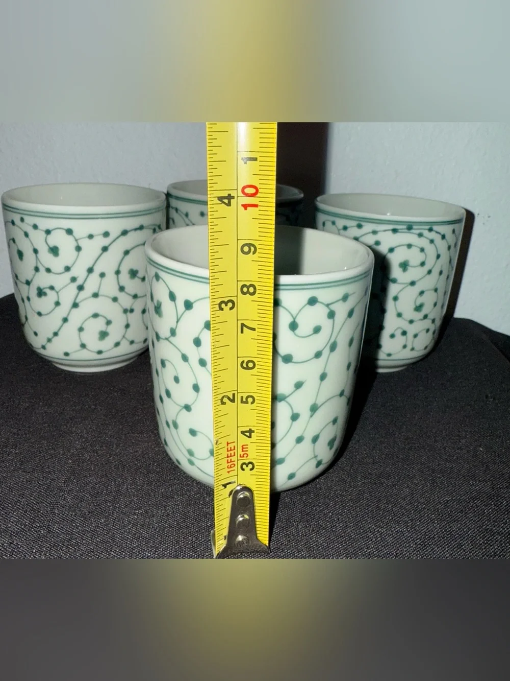 4 IKEA 8oz Entusiasm cups traditional green swirling vine pattern, white ceramic